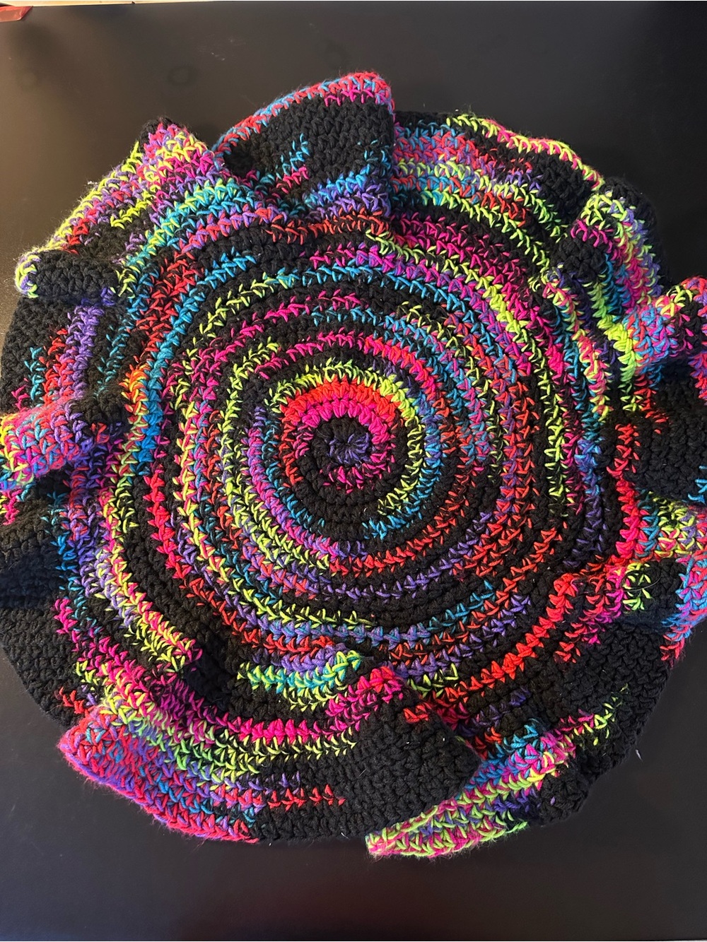 Handmade Knit Round 26” or Lap Blanket Neon Rainbow and Ruffled Edge